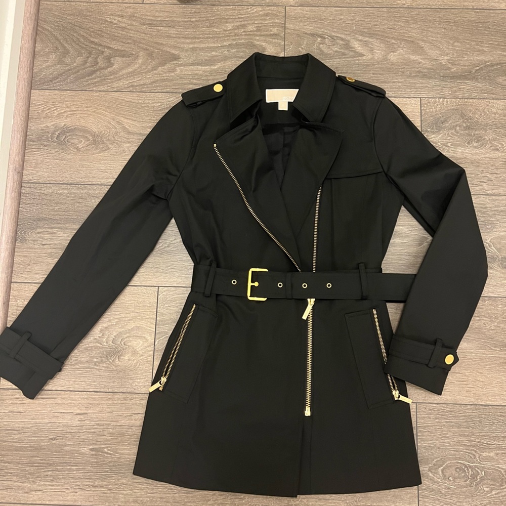 Michael Kors black trench coat with gold hardware